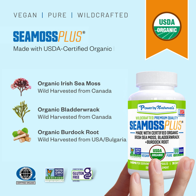 Sea Moss Plus - USDA Organic Irish Sea Moss, Bladderwarck, Burdock Root Capsules , 60Ct