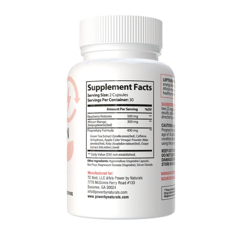Leptin Burn for Women Supplement bottle with label showing 'Supplement Facts' on a white background