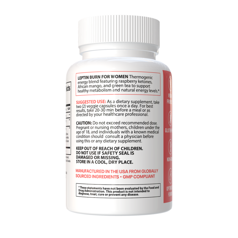 Supplement bottle labeled 'Leptin Burn for Women' on a white background