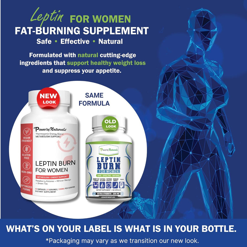 Advertisement for Leptin for Women fat-burning supplement with two bottle designs on a blue background.