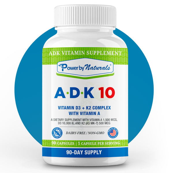 ADK-10: High Potency Vitamin D3 K2 and Vitamin A Supplement - Bone, Heart & Immune Health, 90 Capsules (3 Month-Supply) | Power by Naturals