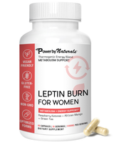 Supplement bottle labeled 'Leptin Burn for Women' by Powerby Naturals on a white background