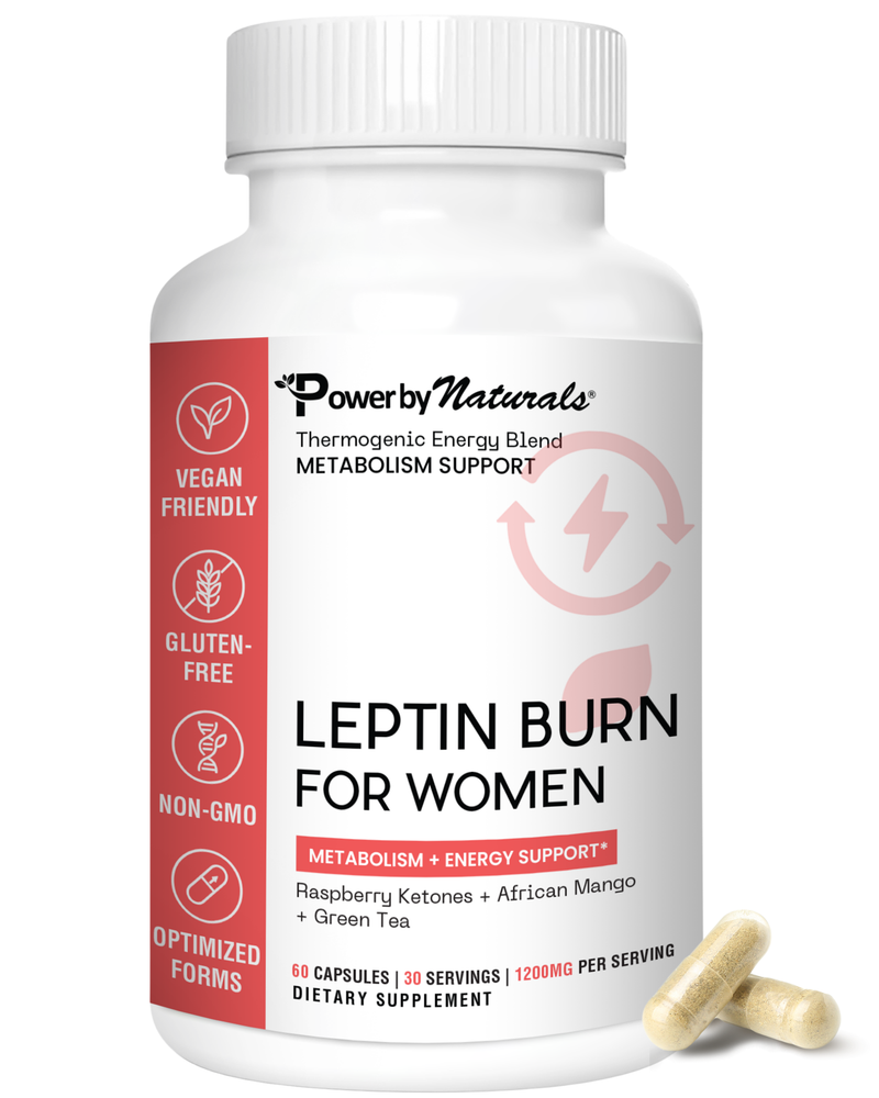 Supplement bottle labeled 'Leptin Burn for Women' by Powerby Naturals on a white background