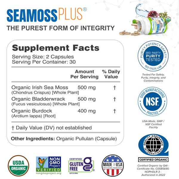 Nutritional label for Sea Moss Plus showing 1,400 mg serving of organic Irish Sea Moss, Bladderwrack, and Burdock Root.