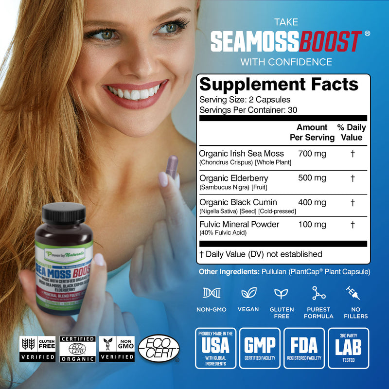 Sea Moss Boost - Certified Organic Irish Sea Moss Supplement With Black Seed Oil, Elderberry Plus Fulvic Acid Trace Minerals - 60 Ct. - Power By Naturals