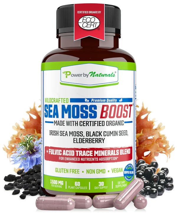 Sea Moss Boost - Certified Organic Irish Sea Moss Supplement With Black Seed Oil, Elderberry Plus Fulvic Acid Trace Minerals - 60 Ct.