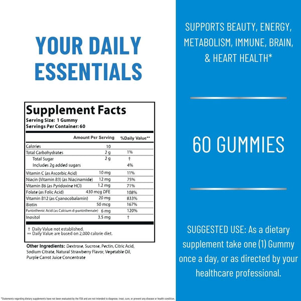 Vegan Vitamin B Complex Gummies Plus Vitamin C - Natural Strawberry Flavor - 60 Gummies (2-Month Supply) - Power By Naturals