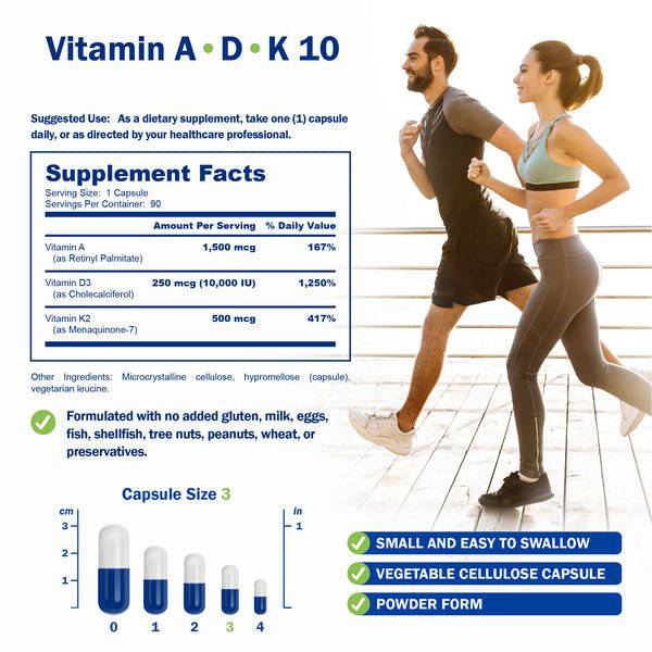 ADK-10: Vitamin D3, Vitamin K2, and Vitamin A - 60 Capsules (2-Month Supply) | Power By Naturals - Healthy diet for heart health, bone health, and immune system support