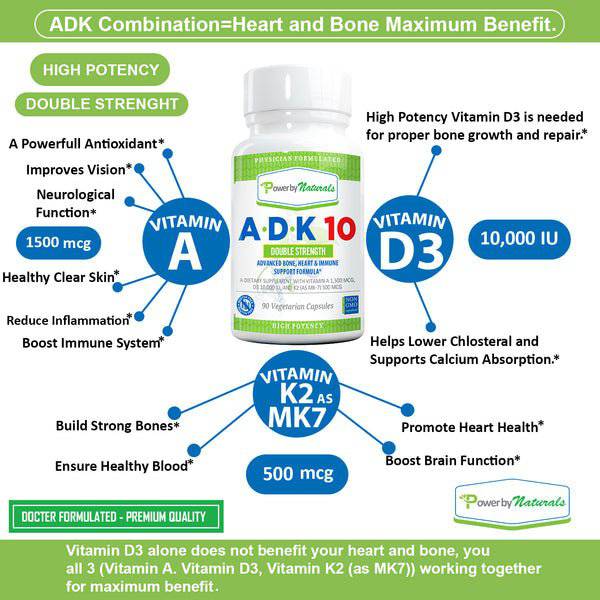 ADK-10: Vitamin D3, Vitamin K2, and Vitamin A - 60 Capsules (2-Month Supply) | Power By Naturals - Healthy diet for heart health, bone health, and immune system support