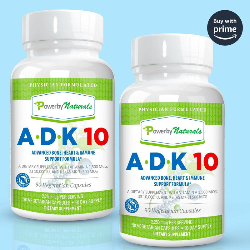ADK-10: Vitamin D3, Vitamin K2, and Vitamin A - 60 Capsules (2-Month Supply) | Power By Naturals - Heart healthy foods and heart healthy diet with vitamin d diet and vitamin k diet for health equity