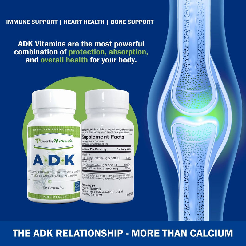 ADK Vitamin - Vitamin D3 K2 and Vitamin A 5,000 IU in - 60 Capsules (2-Month Supply) - Power By Naturals