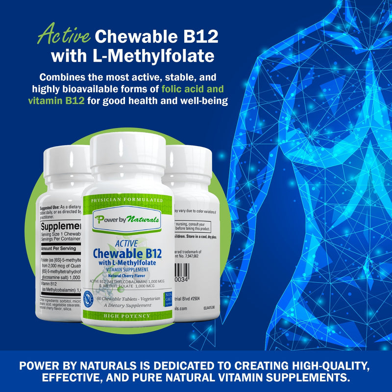 Active B12 with L-Methylfolate - 60 Natural Cherry Chewable Tables (2-Month Supply) - Power By Naturals