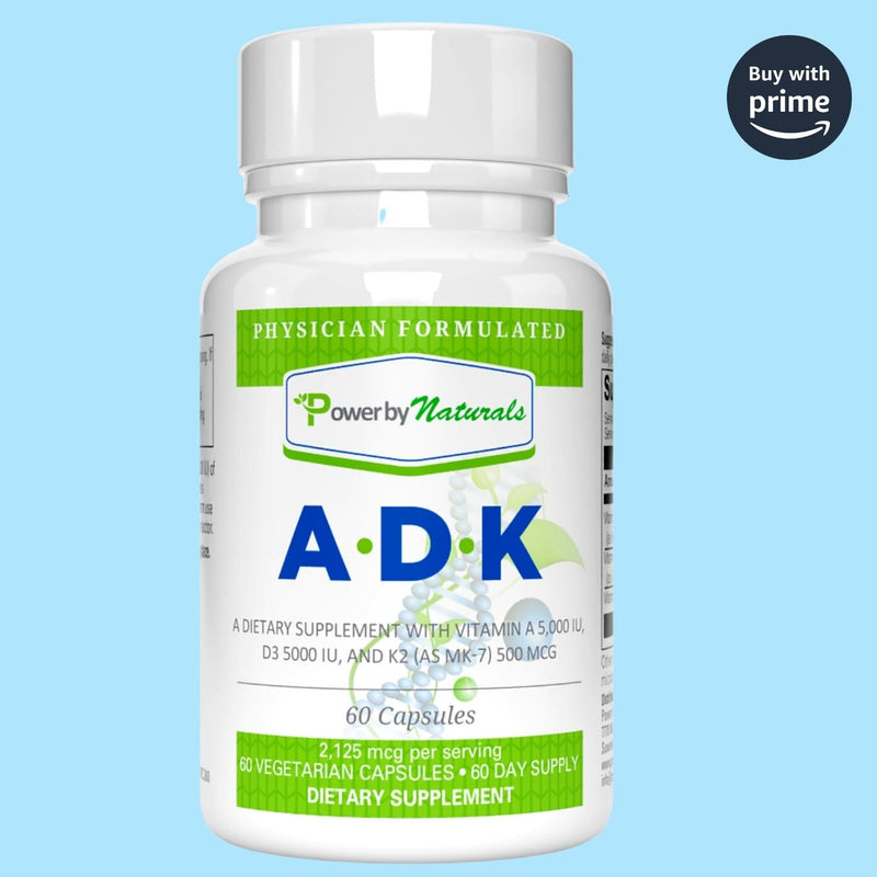 ADK Vitamin - Vitamin D3 K2 and Vitamin A 5,000 IU in - 60 Capsules (2-Month Supply) - Power By Naturals